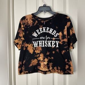 Electric Pink Brown Black Tie Dyed Weekend Whiskey Crop Cotton  T-Shirt Large